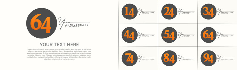 anniversary logotype set vector, black color circle and orange number for special day celebration