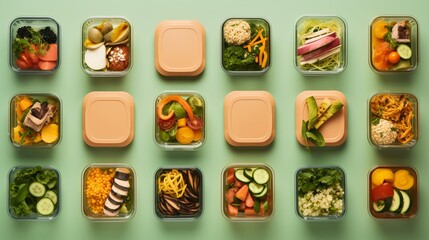 Lunchboxes on colorful table, flat lay. Healthy food delivery concept with freshly prepared meals in vibrant containers, top view. Nutritious lunch options for balanced eating and wellness, ideal for 