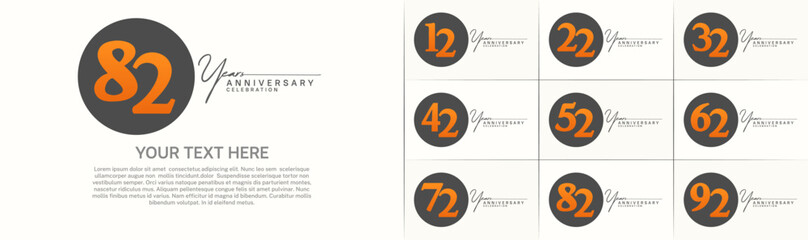 anniversary logotype set vector, black color circle and orange number for special day celebration