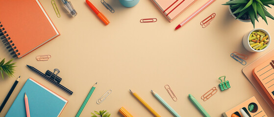 a banner featuring education or office supplies arranged on a textured beige table.