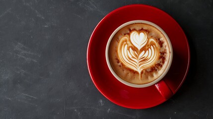 Mocha with latte art served in a cup isolated on dark grey background top view of hot coffee