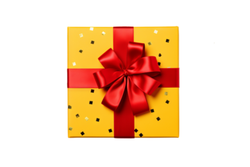 Red gift box with yellow bow and ribbons, top view PNG style, transparent background, perfect for holiday celebrations, birthdays, anniversaries, and special occasions