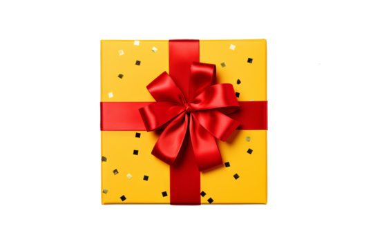 Red gift box with yellow bow and ribbons, top view PNG style, transparent background, perfect for holiday celebrations, birthdays, anniversaries, and special occasions