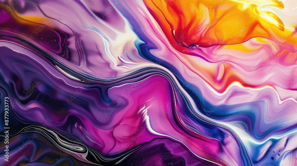 Poster dynamic and vibrant abstract swirling waves of multiple colors creating a mesmerizing visual effect.