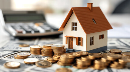  a house model alongside stacks of money coins to represent the concept of saving money for buying a house.