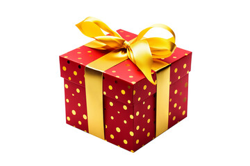 Fototapeta premium Red gift box with yellow bow and ribbons in top view on transparent PNG background, ideal for holiday celebrations and gift-giving designs