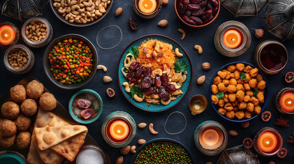  a top view Ramadan greeting card featuring a mix of cultural elements on a dark background.