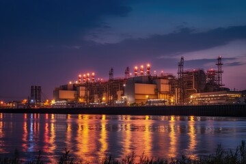 Fototapeta premium Illuminated Industrial Plant at Dusk