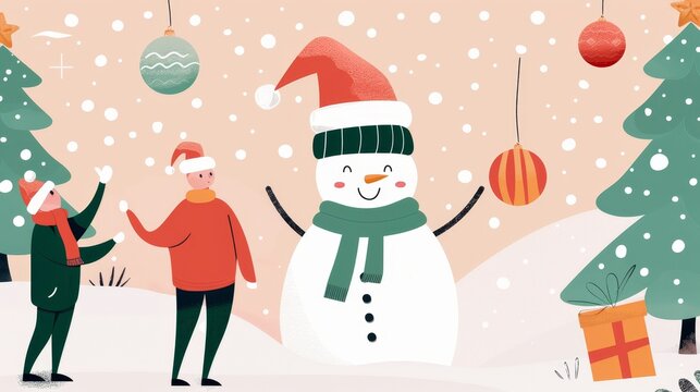 Playful holiday illustration, showcasing a cheerful scene with stylized characters and festive decorations, radiating holiday spirit