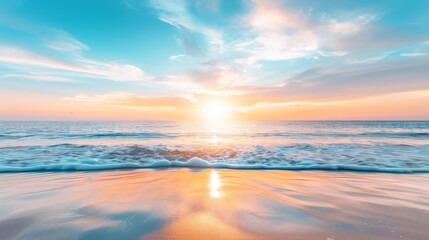 Fototapeta premium Scenic seaside panorama at sunrise, vivid colors illuminating the horizon, wide perspective of the tranquil coastal beauty