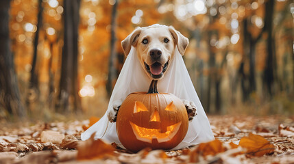 dog in a ghost costume holding a pumpkin outdoors