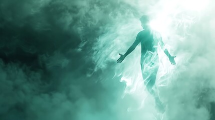 Naklejka premium Ethereal Transcendence: Translucent Being Departing the Physical Form in Mystical Encounter