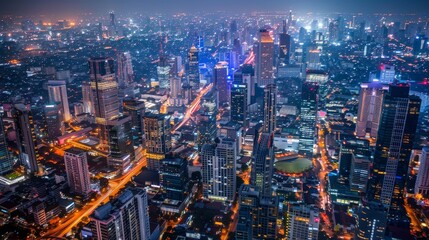 Obraz premium An aerial view of a bustling cityscape at night, with twinkling lights and busy streets creating a vibrant urban tapestry