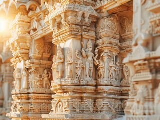 n architectural photograph of an ancient temple complex bathed in golden sunlight, with intricate carvings and statues depicting mythological deities, echoing centuries of spiritual heritage.