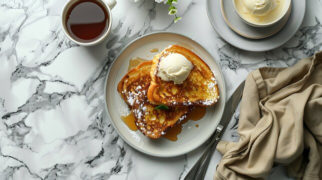 Stock photo showing elevated view of a marble table top set with golden thick cut french toast with vanilla ice cream