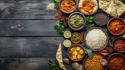 top view scene featuring an assorted Indian food set on a rustic wooden background