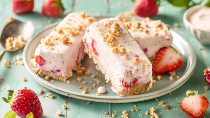 Strawberry shortcake ice cream bars with cake crumbles on green table