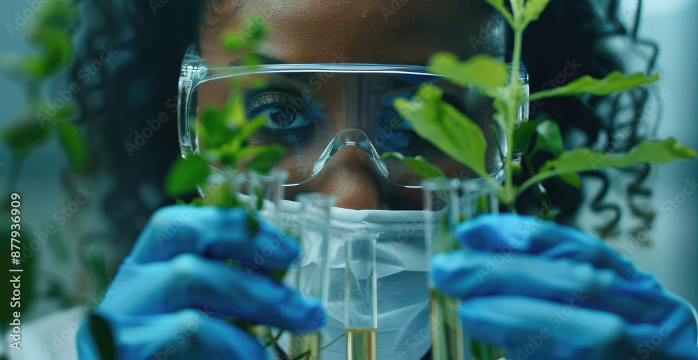 Canvas Prints A close-up shot of an African American female scientist in her lab, wearing glasses and blue gloves while conducting plant research with test tubes filled with green liquid on the table in front of he