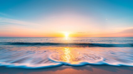 Fototapeta premium Stunning vacation horizon view, capturing a panoramic sunset over the ocean, tranquil and breathtaking scene, perfect for relaxation