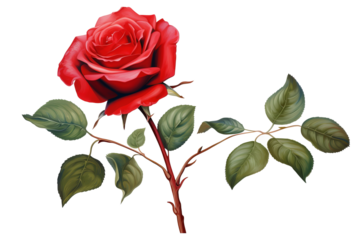 Red rose with stem on transparent background - high-quality PNG for romantic and elegant design projects, valentine's day, weddings, and love-themed decorations