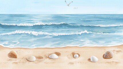 Fototapeta premium Sun-kissed beach with footprints in the sand leading to the waves, seashells scattered along the shore, and seagulls soaring above, watercolor style