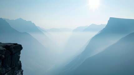 Naklejka premium Sunlight flooding a breathtaking panorama, expansive perspective of mountains and valleys, showcasing the grandeur of the natural world