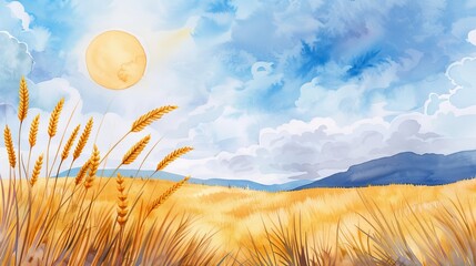 Sunny horizon in a watercolor landscape, summer warmth radiating through the scene, nature's beauty captured in vibrant, bright hues