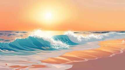 Fototapeta premium Sunset beach scene with a warm glow, lively waves crashing on the shore, people enjoying the energetic and serene environment