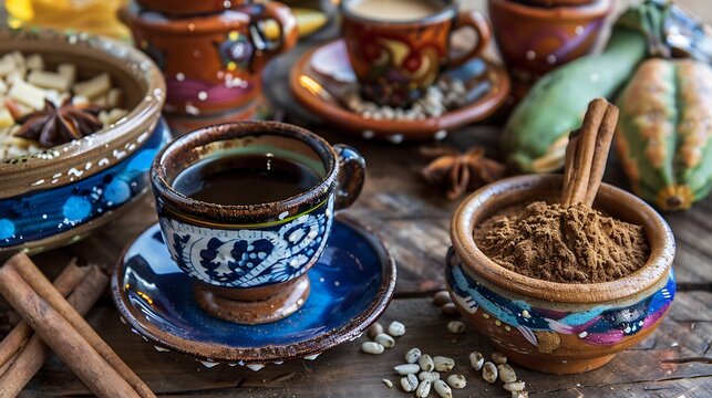 Traditional Mexican coffee and basic ingredients for its preparation coffee cinnamon and piloncillo