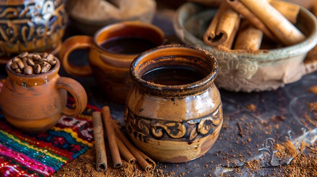 Traditional Mexican coffee and basic ingredients for its preparation coffee cinnamon and piloncillo