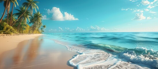Serene tropical beach scene featuring palm trees, a clear blue sky, and turquoise ocean waves gently washing onto the sandy shore.