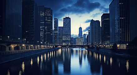 Naklejka premium Twilight Cityscape with Reflective River
