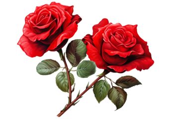 Double red roses PNG illustration with transparent background for floral design projects, romantic decor, and elegant botanical artworks
