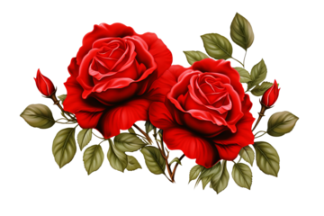 Double red roses PNG illustration with transparent background for floral design projects, romantic decor, and elegant botanical artworks