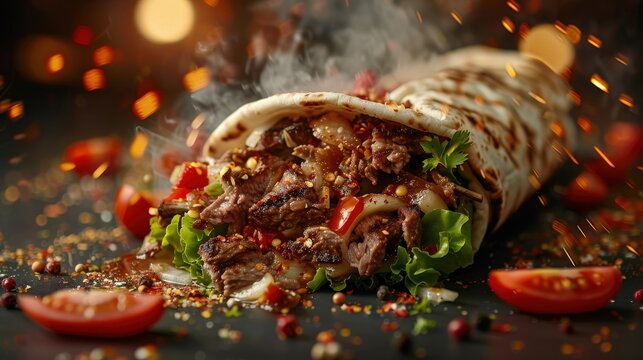 Close-up of a mouth-watering grilled beef shawarma wrap with fresh vegetables, herbs, and spices, perfect for food and culinary themes.