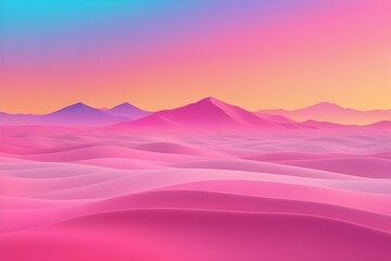 Surreal Desert landscape of pink and purple hills, soft sunset gradient sky in a minimalist style. Perfect for concepts  of fantasy, travel posters, backgrounds. generative ai