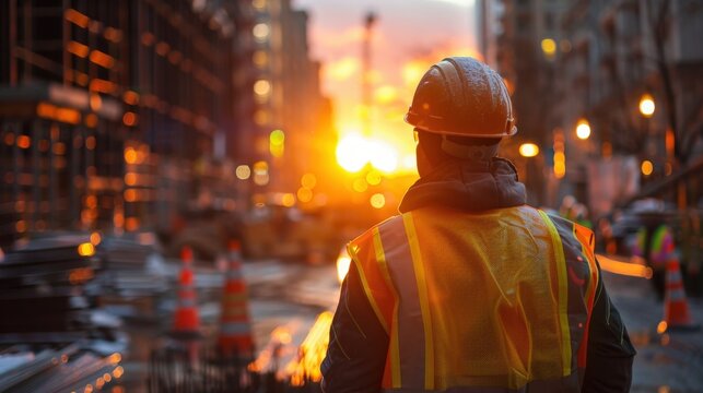 A construction worker wearing a hard hat and reflective vest stands on a busy urban street at sunset, with city lights and traffic cones in the background.