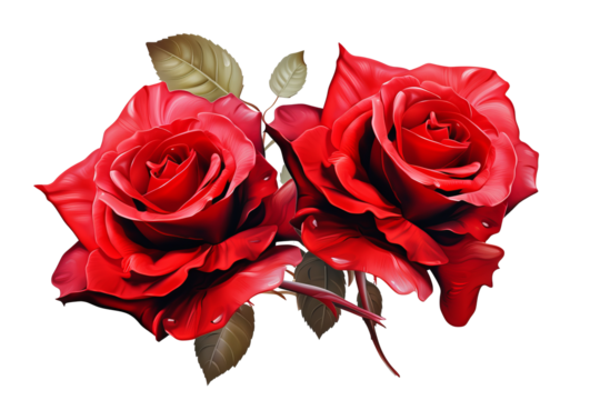 Double red roses PNG illustration with transparent background for floral design projects, romantic decor, and elegant botanical artworks - Powered by Adobe