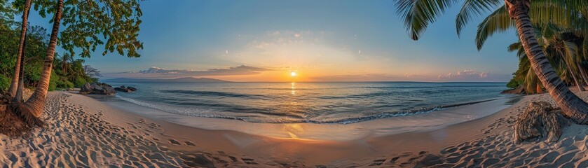 Beautiful panoramic view of a tropical beach at sunset with palm trees, golden sand, and calm ocean waves.