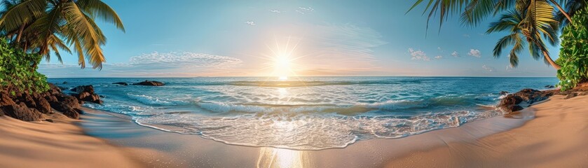 Fototapeta premium Beautiful panoramic view of a tropical beach at sunrise, featuring palm trees, golden sand, and clear blue ocean waves.