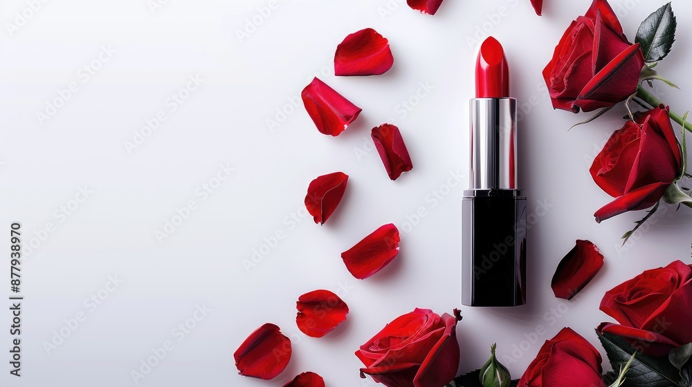 Poster red lipstick and roses on white backdrop with space focus on cosmetics for makeup