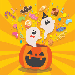 ハロウィンのカボチャから飛び出すお菓子とお化けのイラスト