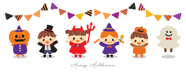 ハロウィンパーティーで仮装する子供たちのイラストセット