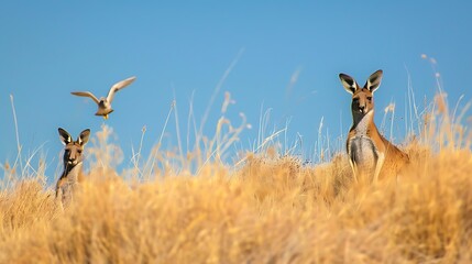 2 brown kangaroos and one bird of prey outback hiding in brown grass against blue sky under warm morning sun