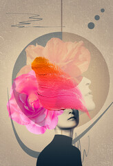 Abstract contemporary art collage portrait of young woman with flowers on face hides her eyes