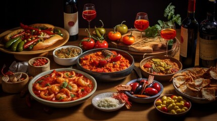 Exquisite table spread: artfully arranged assortment of delectable dishes, featuring freshly prepared culinary delights and colorful appetizers, perfect for celebratory occasions and festive gathering