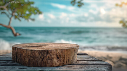 empty wooden log placed on a rustic table with a blurred sea beach in the background