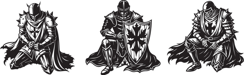  a knight with a torn coat of arms kneels. the coat of arms of Ukraine on the chest