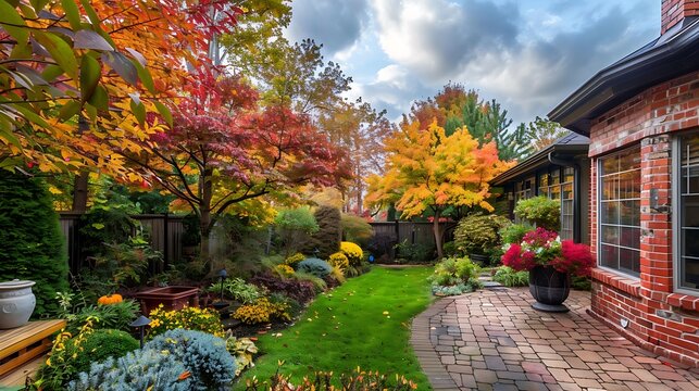 A brick and wood suburban home backyard garden with colorful autumn trees