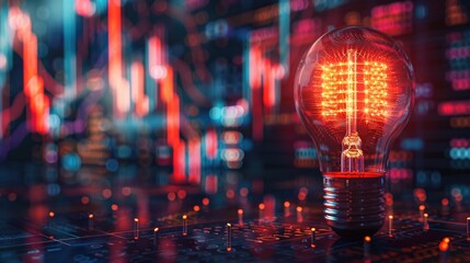 Obraz premium Strategy business marketing and financial creative ideas for competition and business growth. glowing light bulb with futuristic graphic icon. 